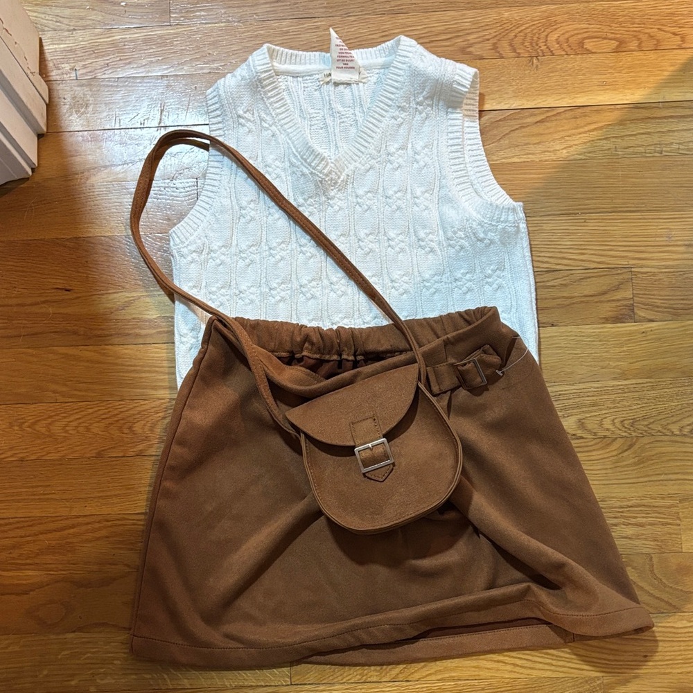 Girls - White Sleeveless Sweater and Brown Skirt Set size 10/12